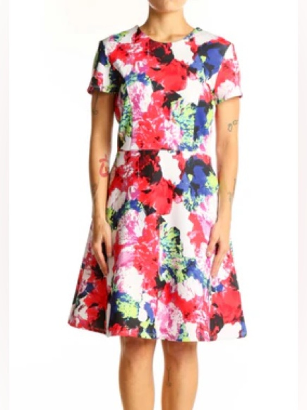 MILLY FOR DESIGN NATION FIT & FLARE ABSTRACT FLORAL SHORT SLEEVE DRESS